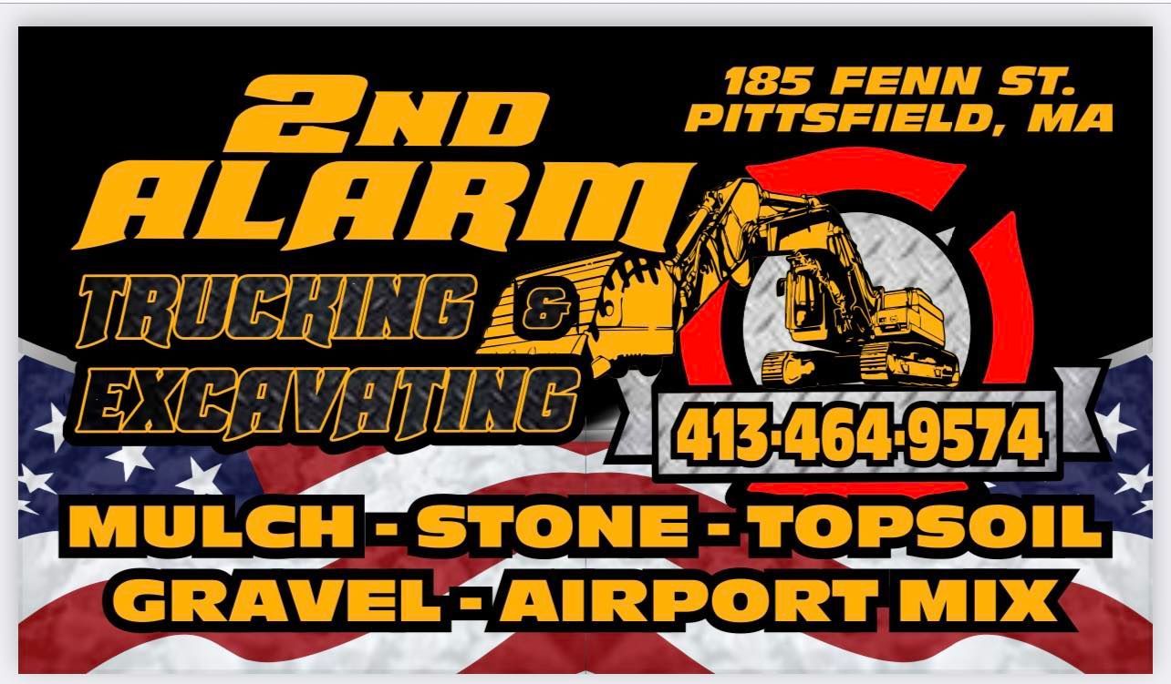 2nd Alarm Trucking & Excavating sign, black and yellow, with Pittsfield, MA address and service list.