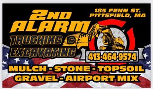 2nd Alarm Trucking & Excavating sign, black and yellow, with Pittsfield, MA address and service list.