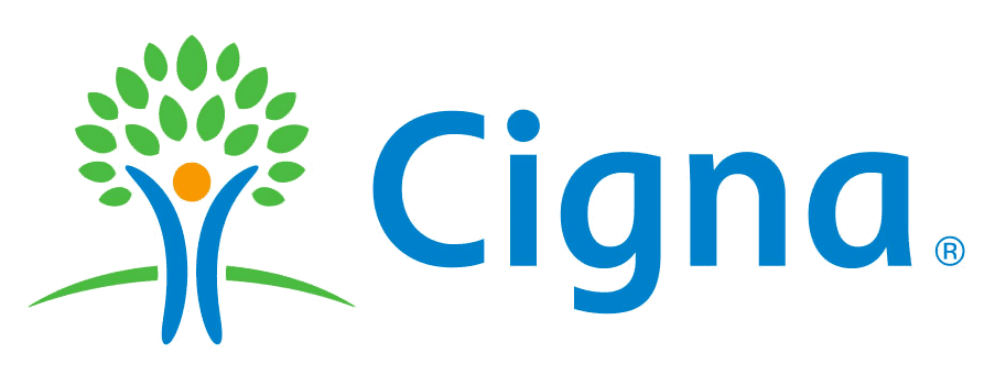 Cigna logo with blue wordmark and green tree icon with orange dots