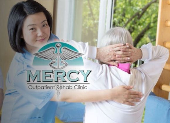 Mercy Outpatient Rehab Clinic logo over a caregiver helping an older adult stretch in a bright room