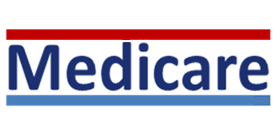 Medicare logo in blue text with red and blue horizontal lines above and below