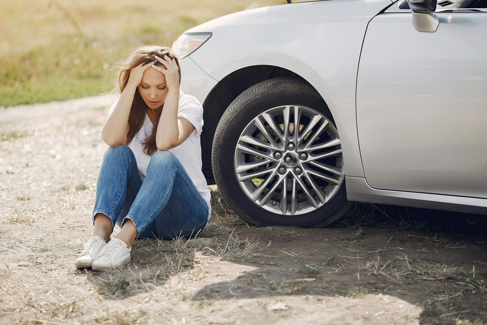 Woman with hands on her head sits next to a car with a flat tire on a dirt road.