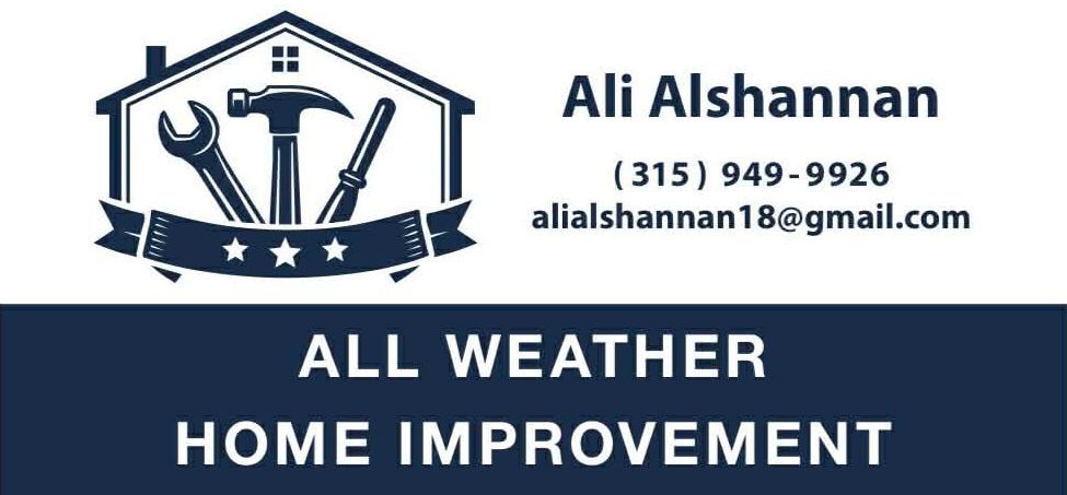 Logo for All Weather Home Improvement with tools icon, phone number, email, and blue banner text