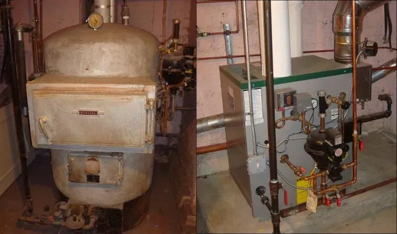 A side by side of a furnace and a heat pump. A side by side of a furnace and a heat pump.