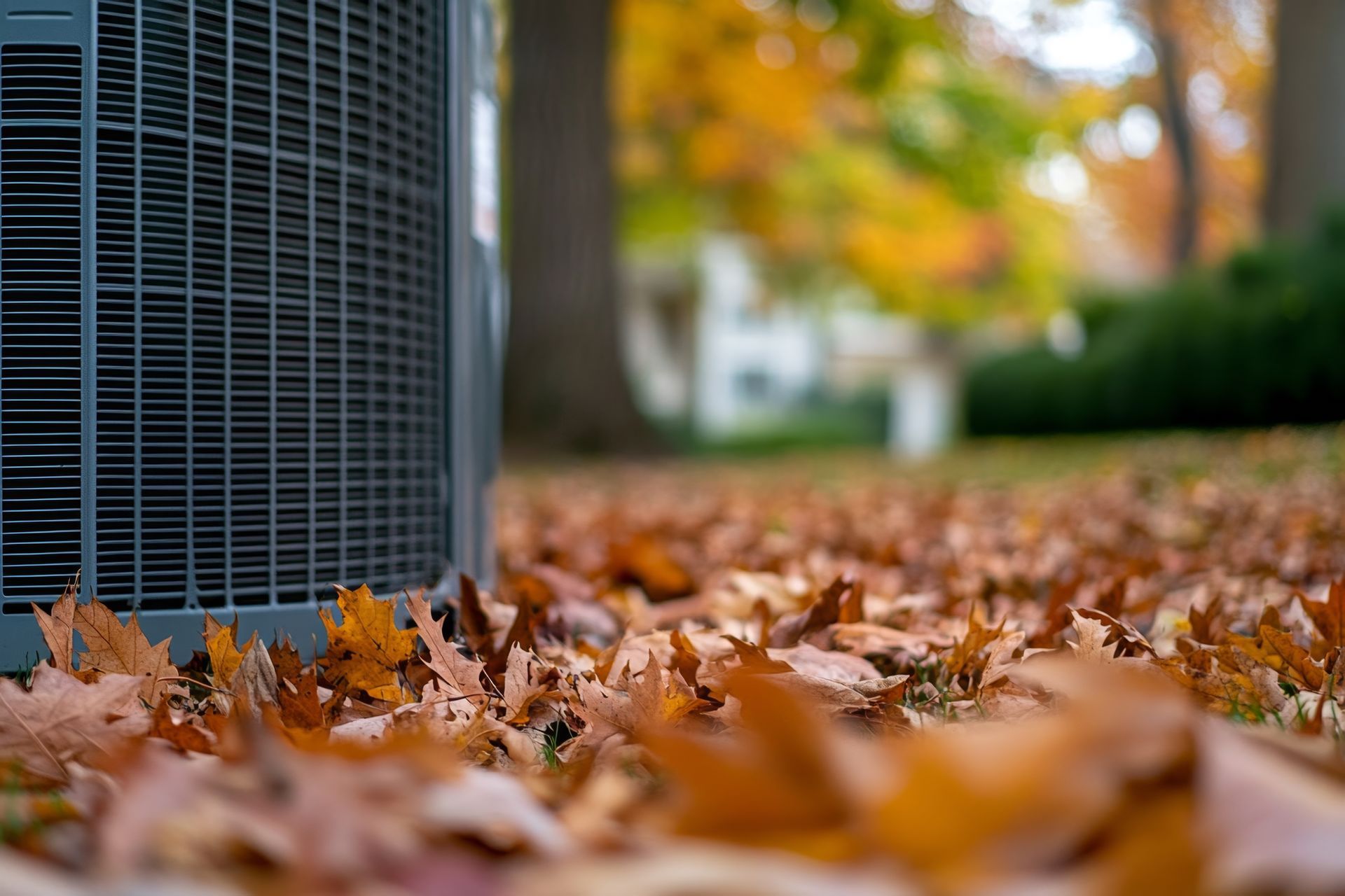 Air conditioner unit in autumn leaves; blurred background of trees. Air conditioner unit in autumn leaves; blurred background of trees.