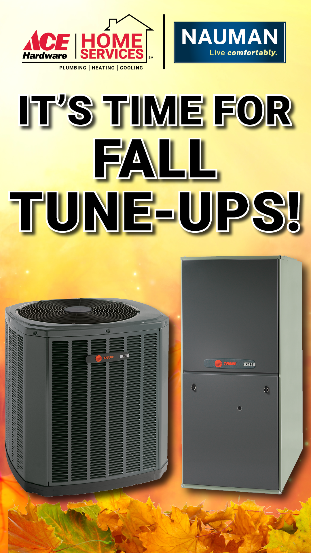 Furnace and heat pump systems in front of a fall themed background.