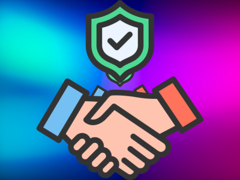 Two hands shaking with a green shield and checkmark above on a gradient background.