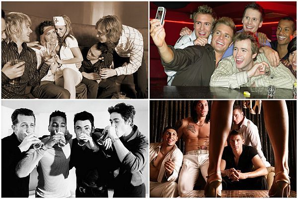 Four images showing groups of men; socializing, taking selfies, whispering, and at a strip club.