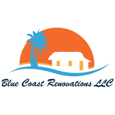 Logo: Blue and orange tropical scene with a palm tree, house, and text "Blue Coast Renovations LLC".