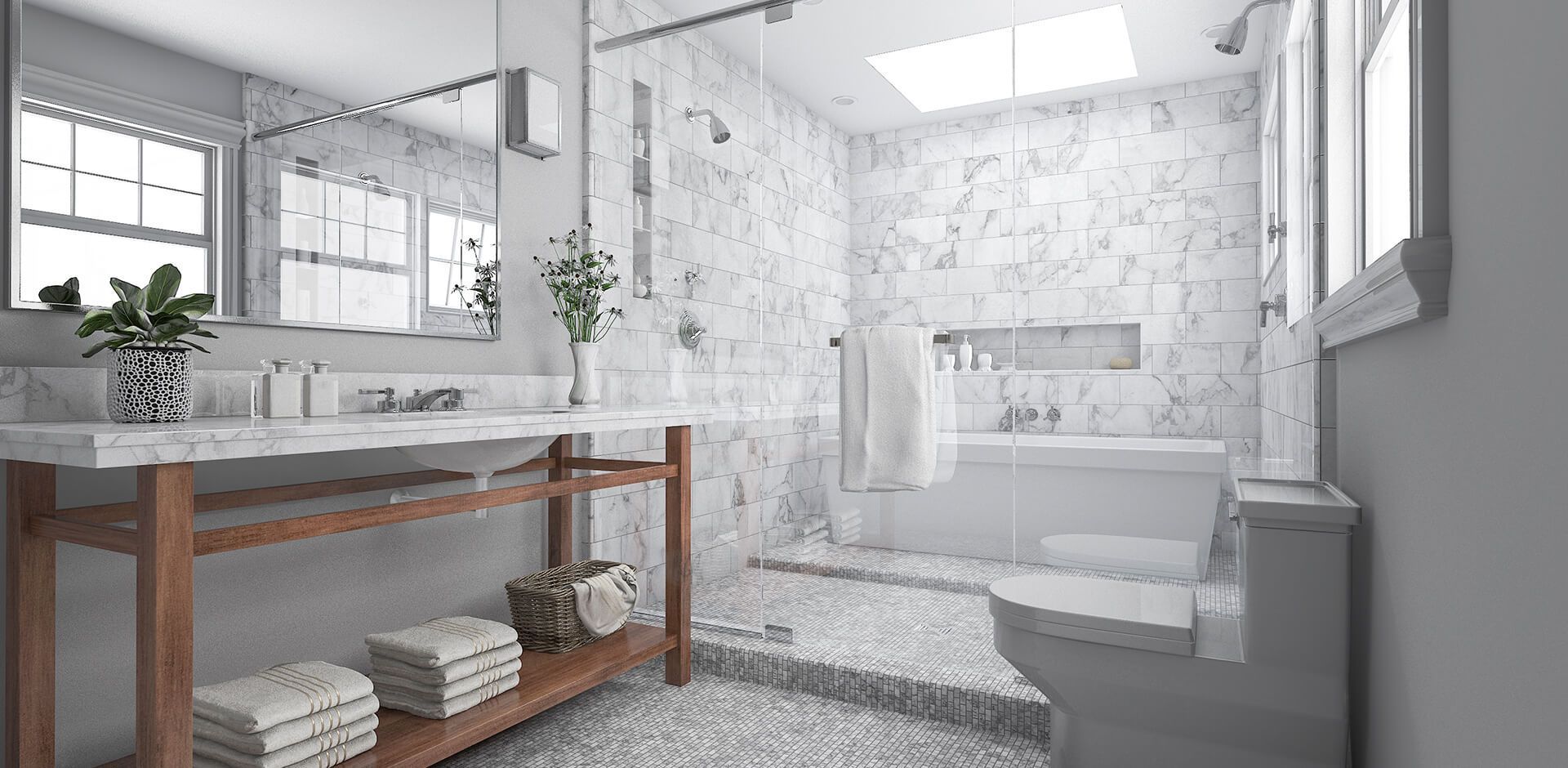 A bathroom with two sinks , a toilet , a shower , and a window.