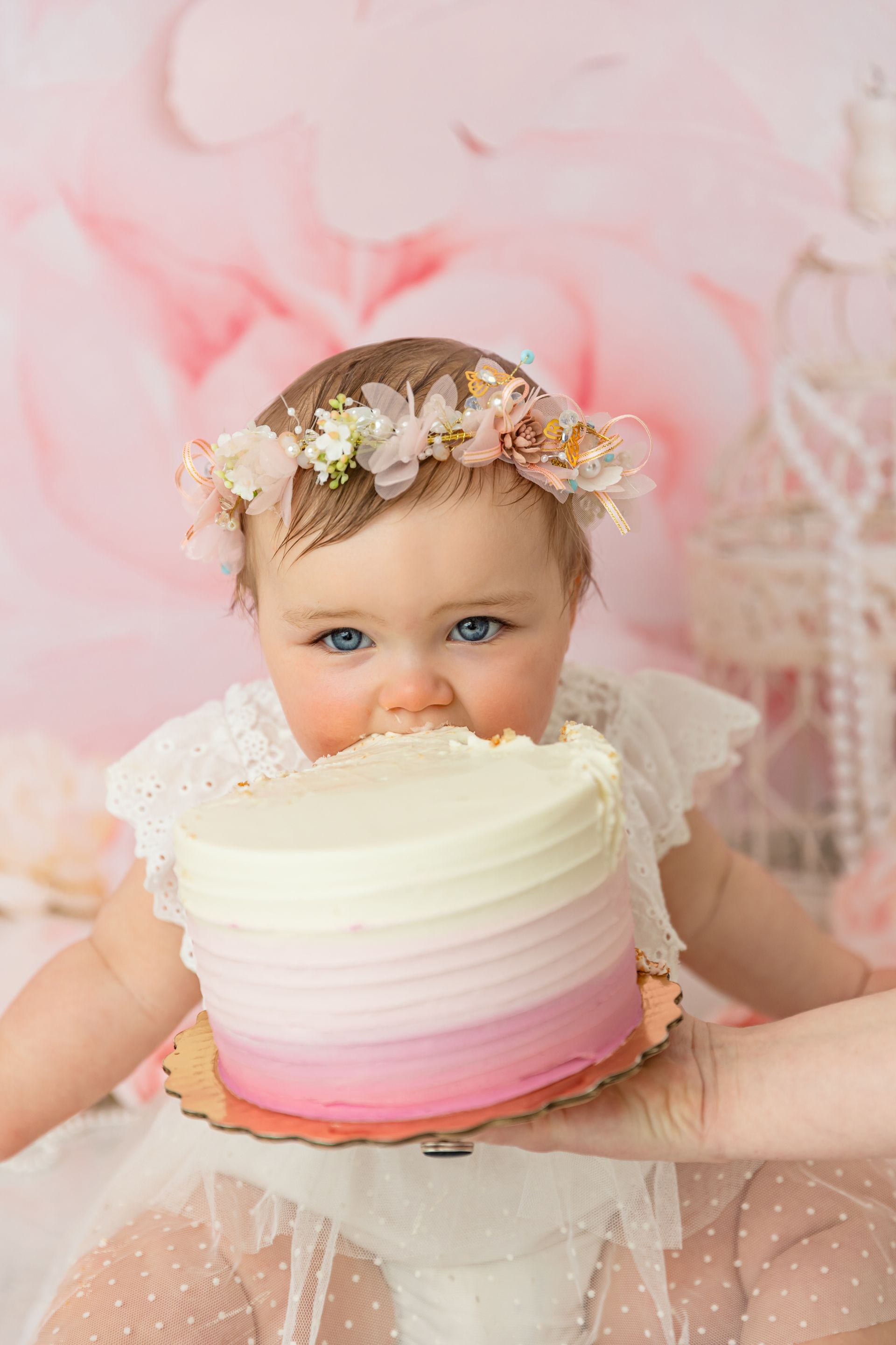 Pink Floral Cake Smash Session Raleigh NC