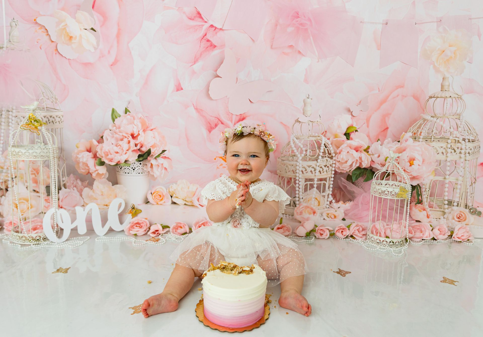 Pink Floral Cake Smash Session Raleigh NC
