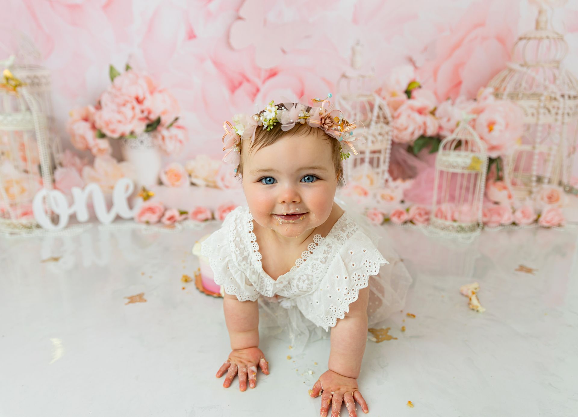 Pink Floral Cake Smash Session Raleigh NC