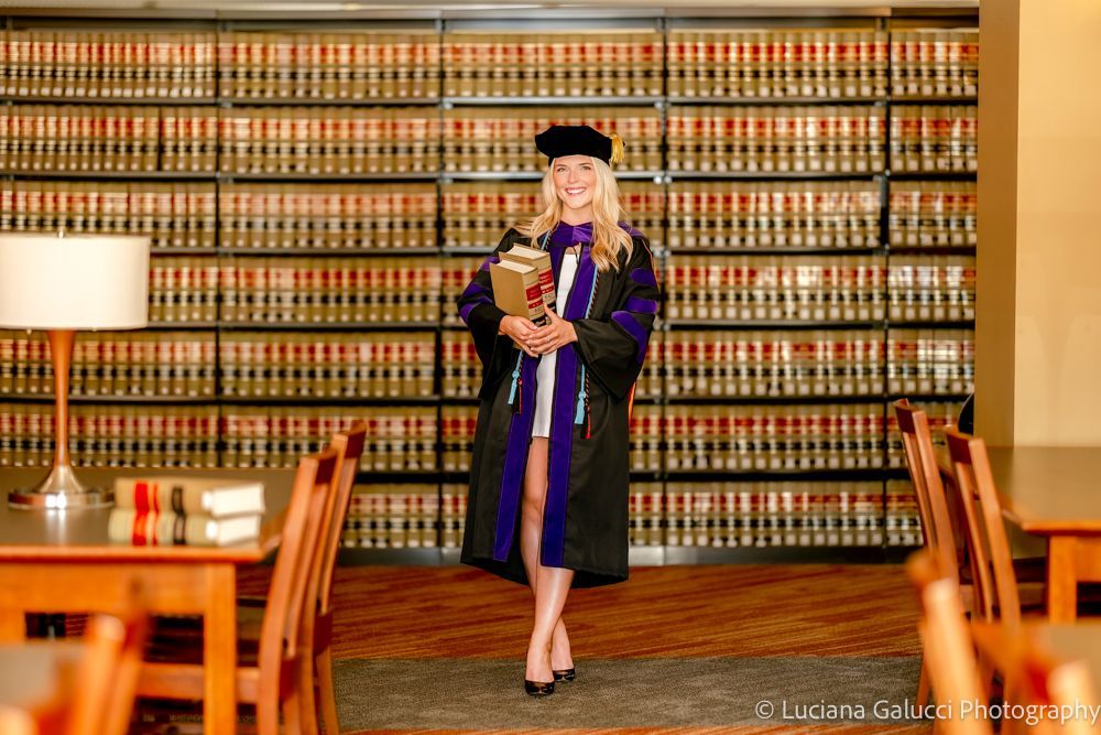 Graduation portrait session by Luciana Galucci Photography at Campbell University School of Law in Raleigh, North Carolina featuring cap and gown near the courthouse
