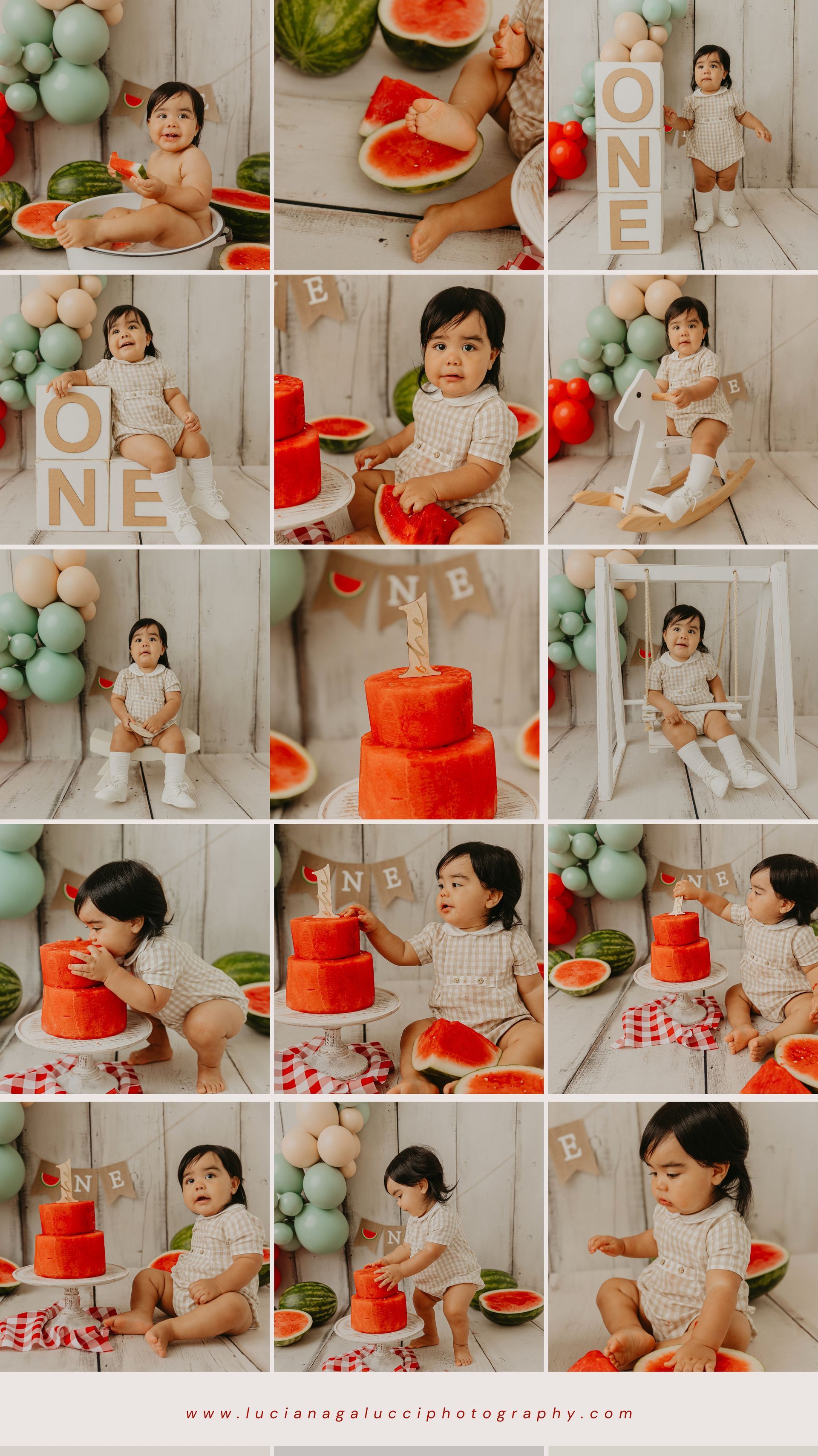 First birthday photoshoot with watermelon theme and sage green, red, and tan balloons collage