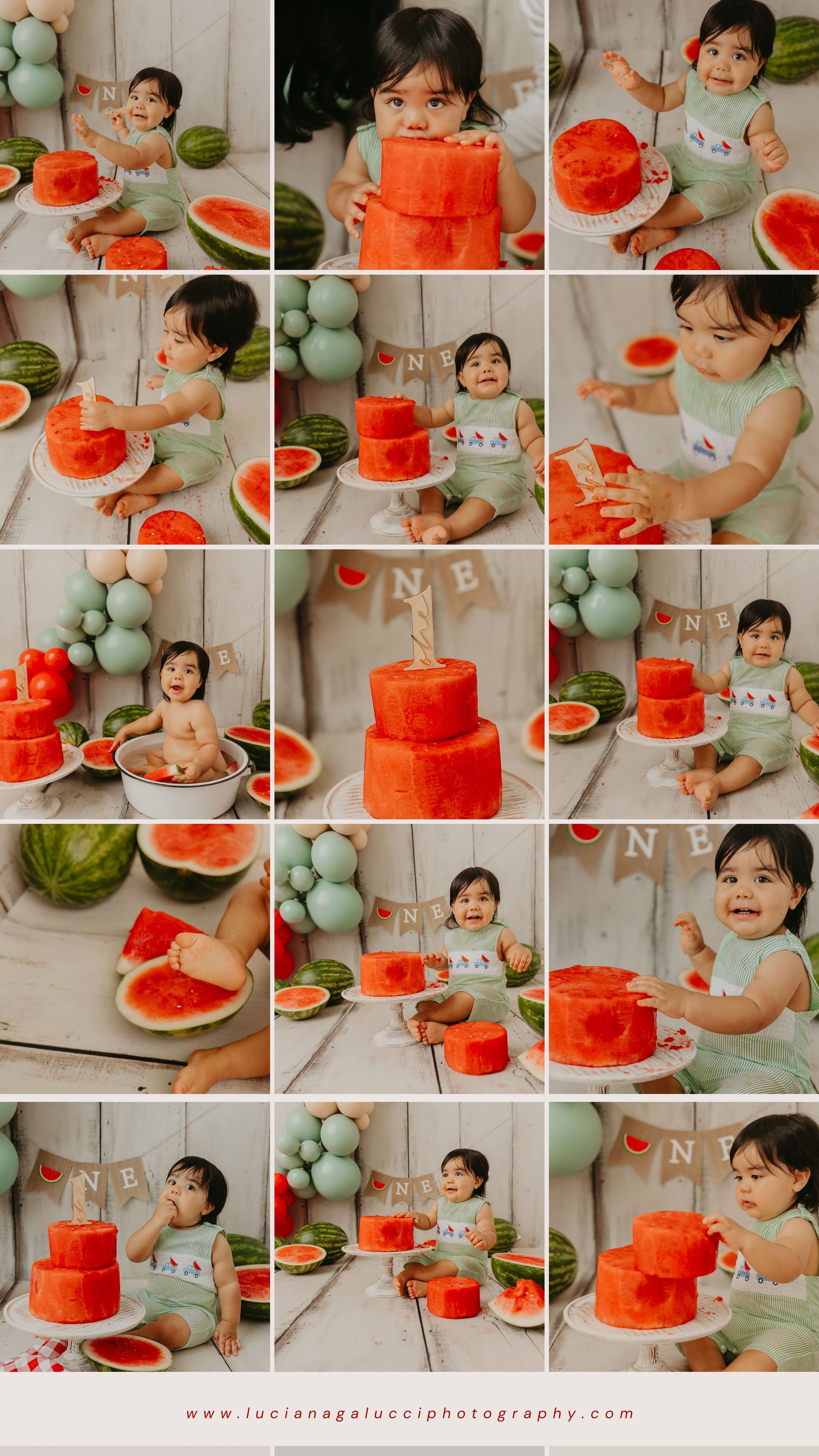 First birthday photoshoot with watermelon theme and sage green, red, and tan balloons photo collage