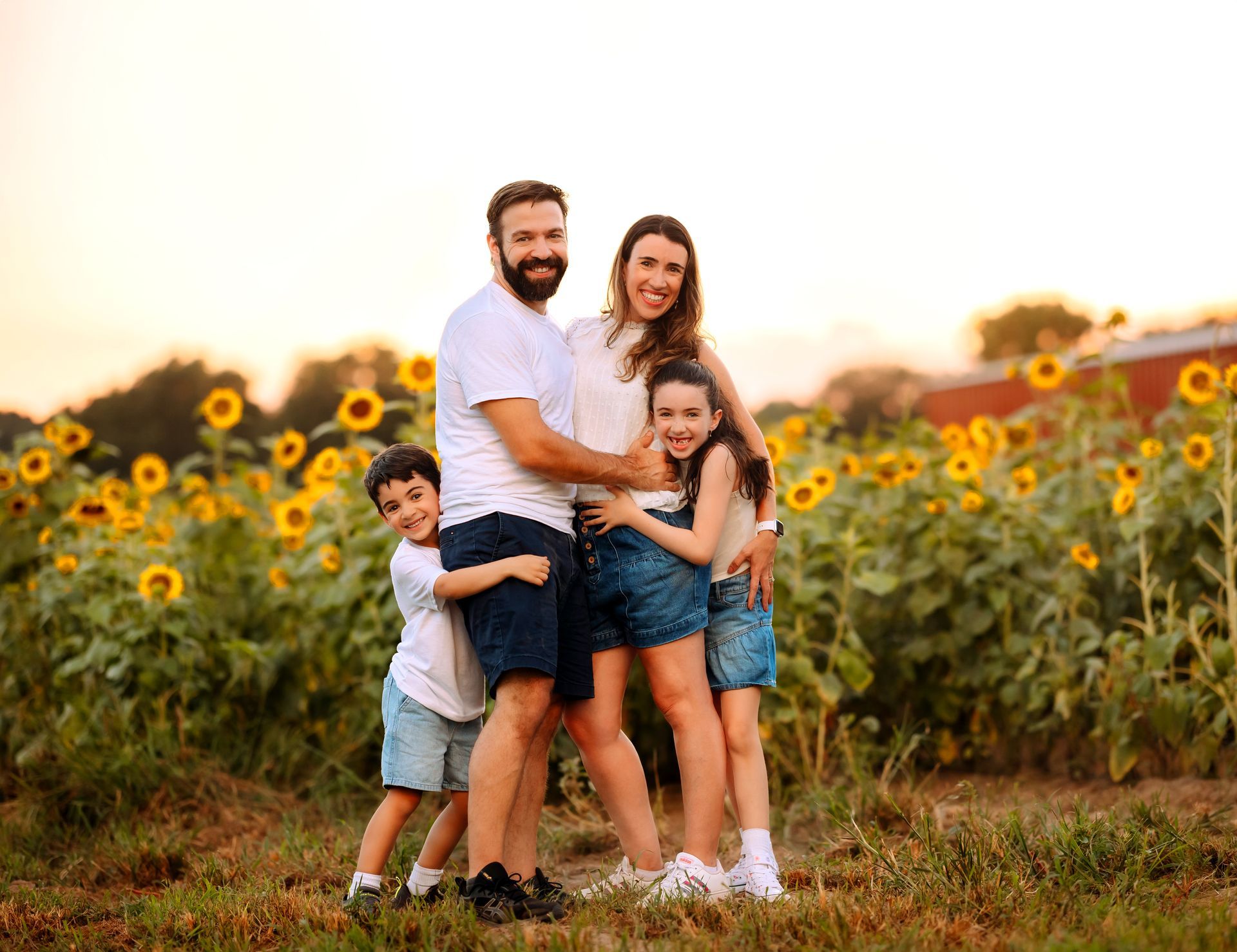 Family Posing at the Sunflowers field in Raleigh during the summer Family Photoshoot