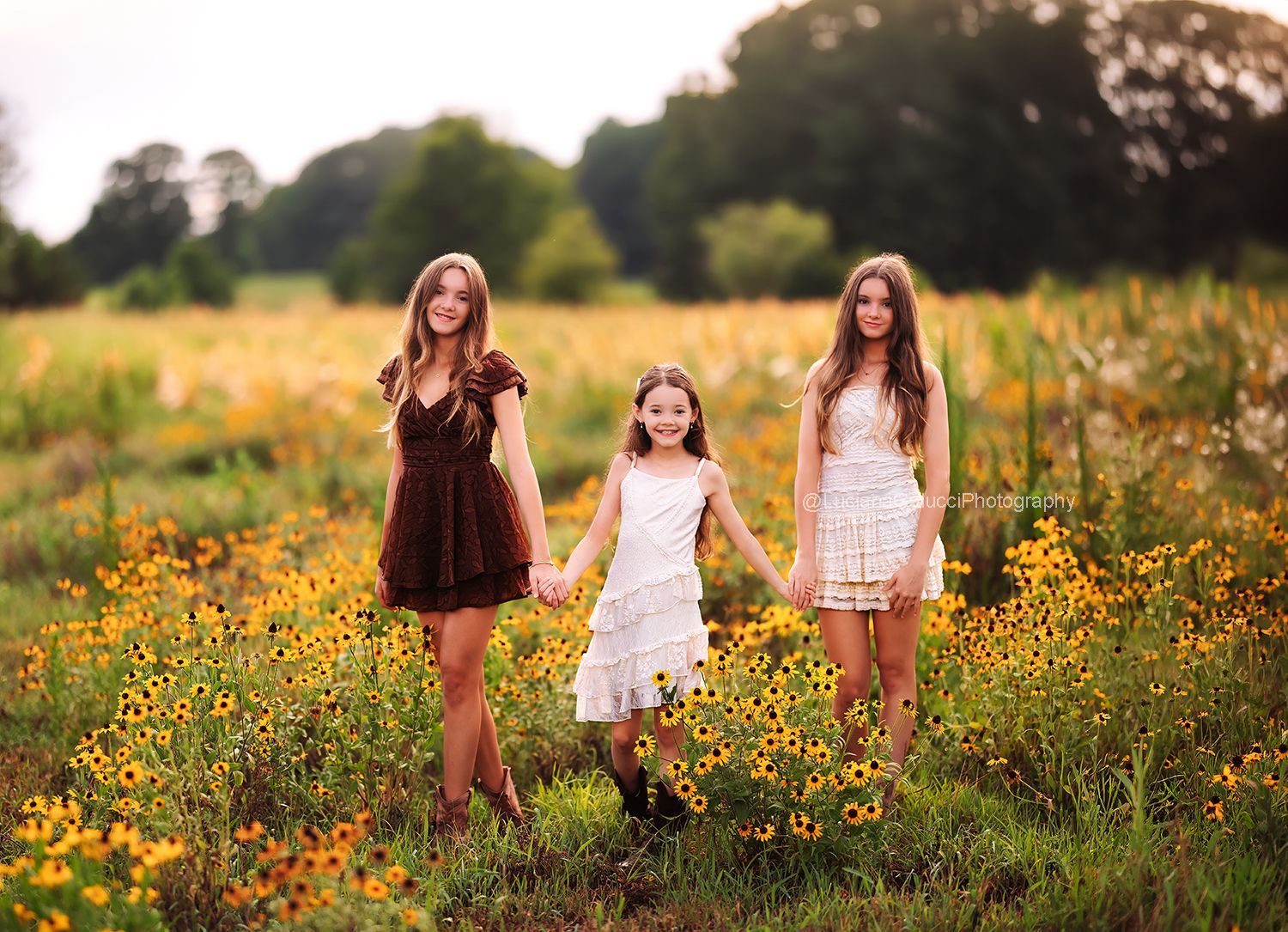 Three sisters smiling together in a sunflower field during a fall photo session at a private farm near Raleigh, NC.
