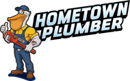 Cartoon pelican plumber with thumbs up, holding wrench, logo for "Hometown Plumber."