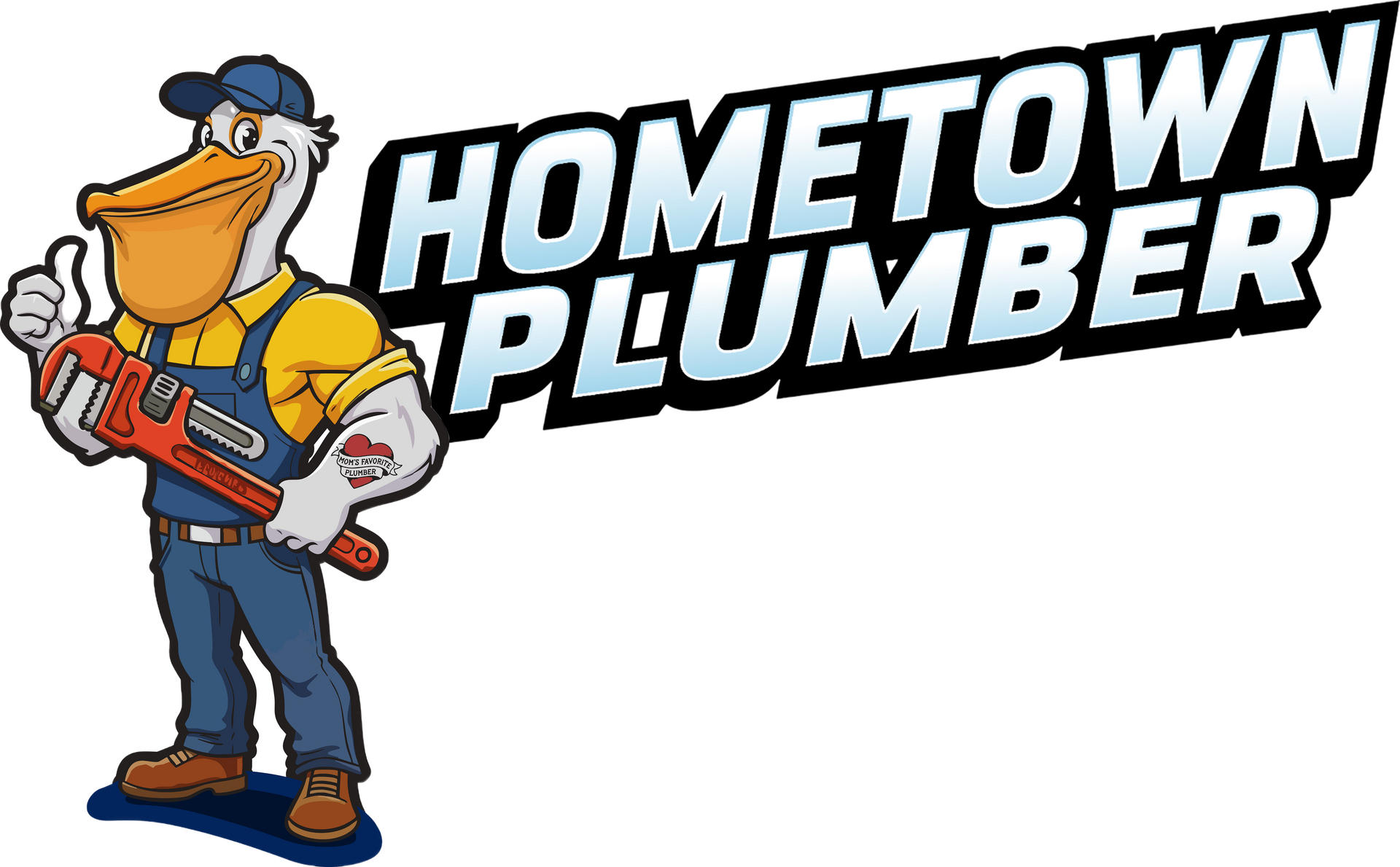 Cartoon pelican plumber with thumbs up, holding wrench, logo for "Hometown Plumber."