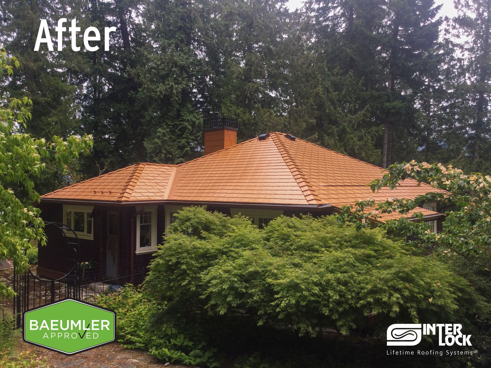A picture of a house with a Copper Penny Interlock Metal Slate roof