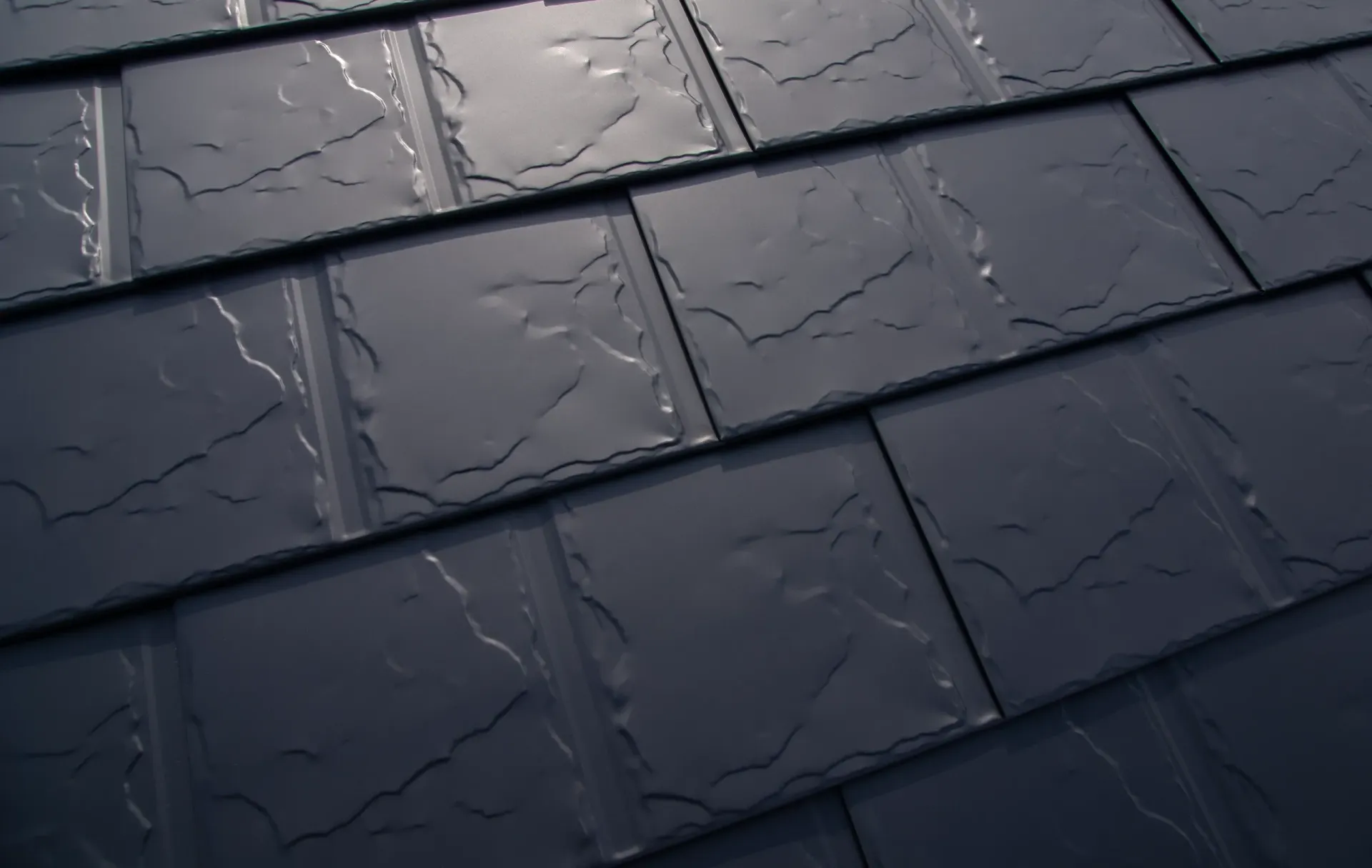 Interlock slate metal roofing system installed on home in British Columbia featuring aluminum shingles
