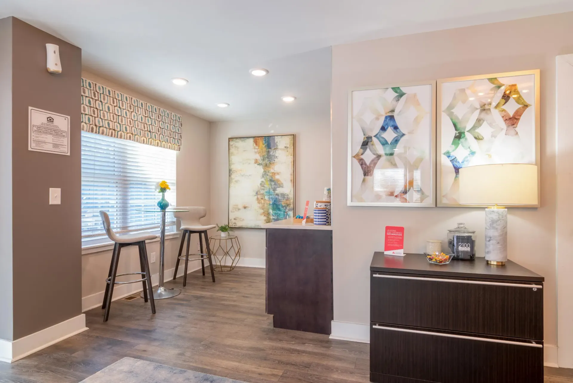 Leasing office reception area at 2100 Defoors apartments in West Midtown