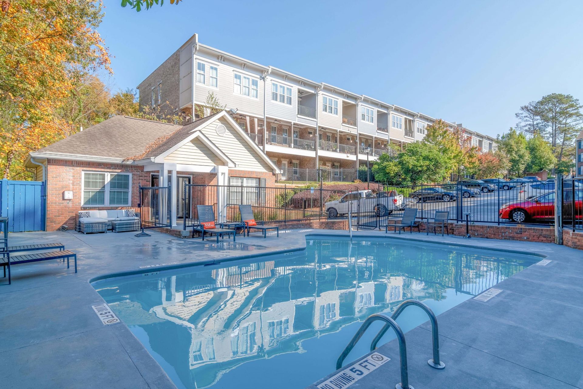 Outdoor pool and apartment buildings at 2100 Defoors in Atlanta GA