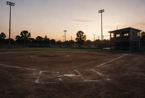 Empty baseball field at sunset with tall lights and a small scoreboard building
