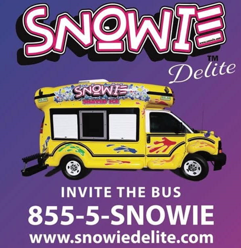 SNOWIE Delite yellow shaved ice bus ad with phone number 855-5-SNOWIE and snowiedelite.com