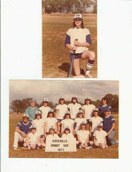 Two vintage softball team photos, including a player posing with a bat and a group team portrait.