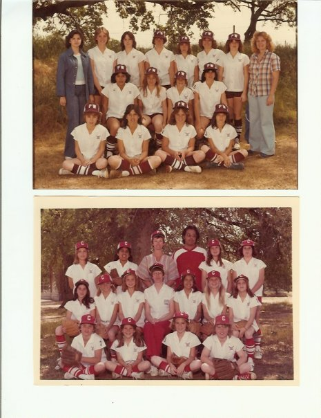 Two vintage group photos of a team outdoors, posed in rows under trees.