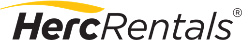 Herc Rentals logo in black and yellow with a yellow swoosh above the text