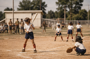 Youth baseball game, batter at plate with catcher and fielders on a dirt field