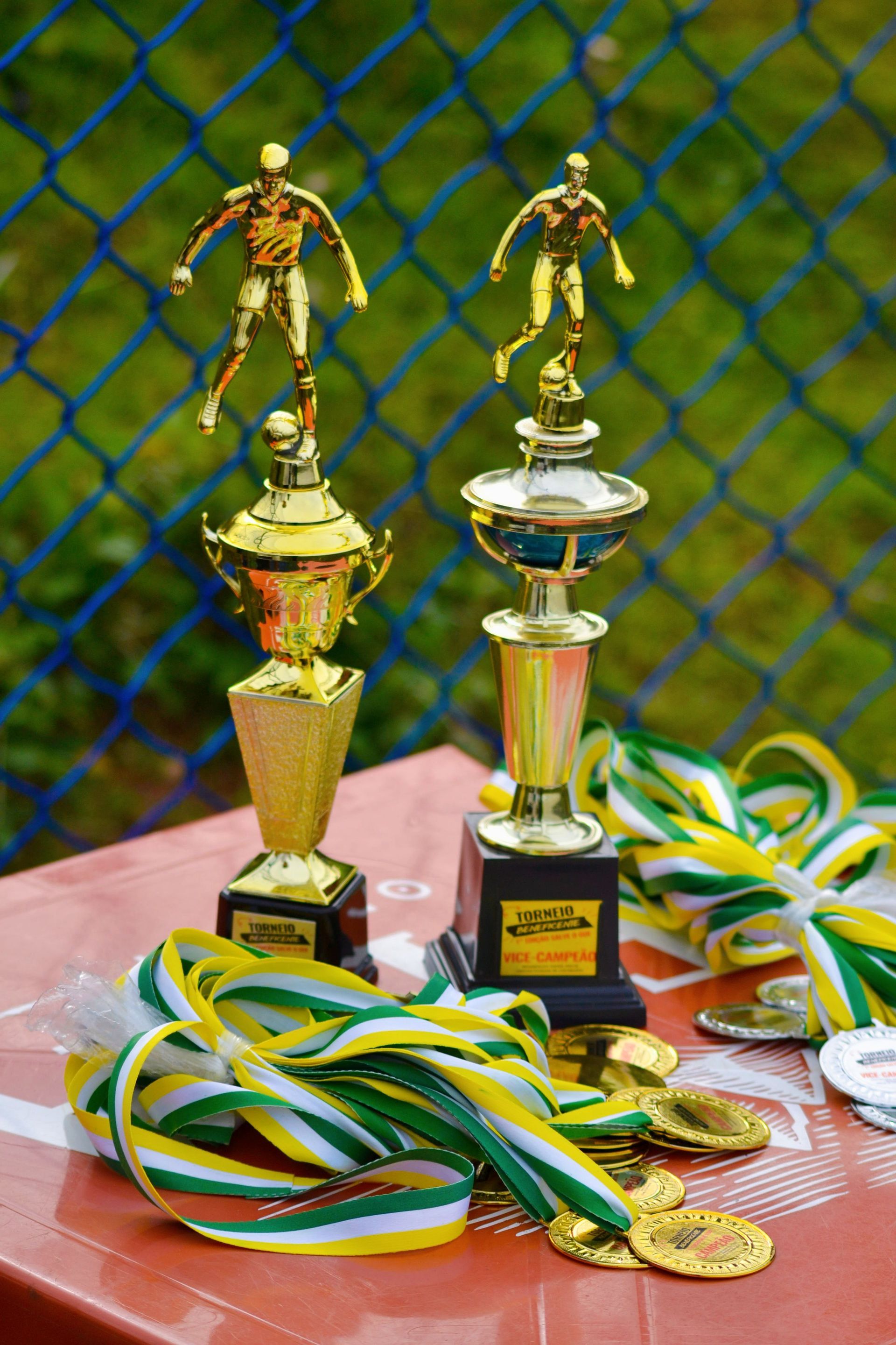 Two gold trophies with green-yellow ribbons and medals on a table, in front of a chain-link fence