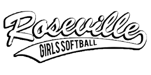 Roseville Girls Softball logo in black script with banner text on white background