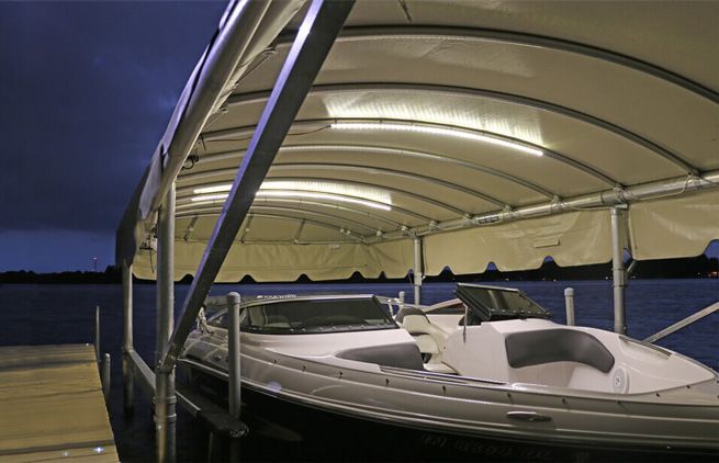 Docks Unlimited - Shorestation LED Flexible Strip Canopy Light An image of LED flexible strip canopy lights at night