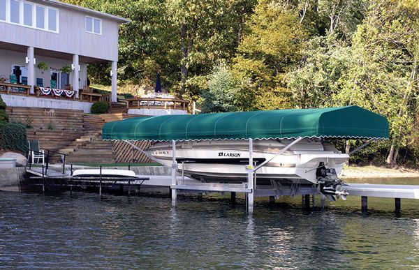 Docks Unlimited - DockinaBox - Vertical Boat Lift An image of a vertical boat lift out of water