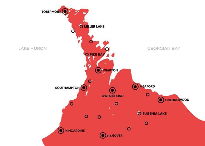 A map displaying Docks Unlimited's service areas surrounding the bruce peninsula. Highlighting Tobermory, Miller Lake, Pike Bay, Wiarton, Southampton, Owen Sound, Meaford, Collingwood, Eugenia Lake, Kincardine, and Hanover.