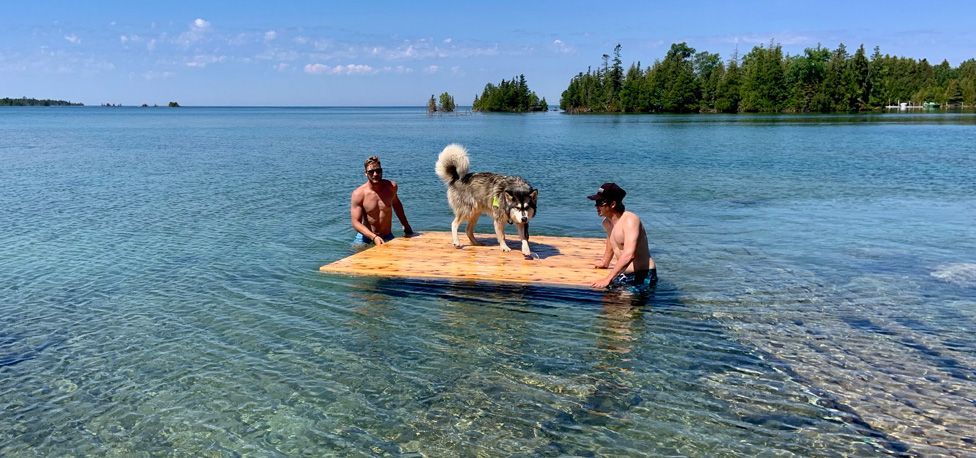 Team Environment An image of two dock installation experts enjoying a nice dip in the lake while carrying a dog on a wood board