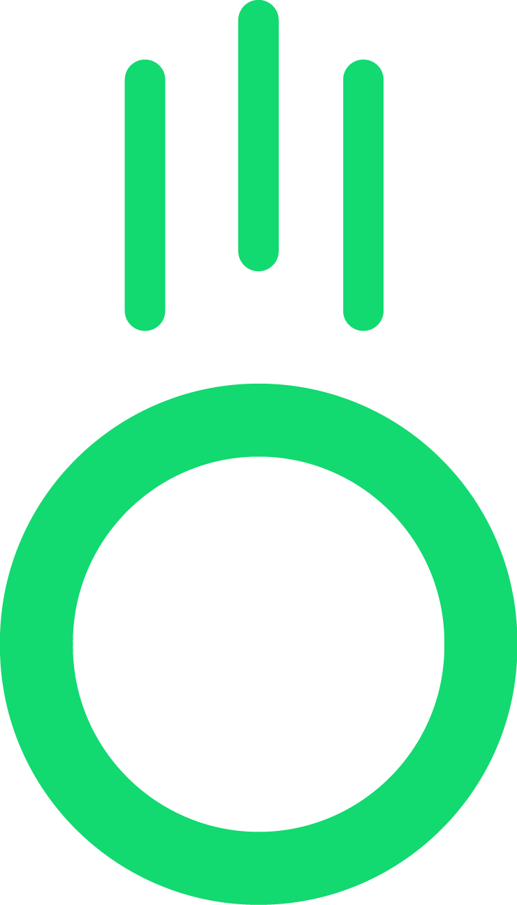 A green circle with three lines coming out of it on a white background.