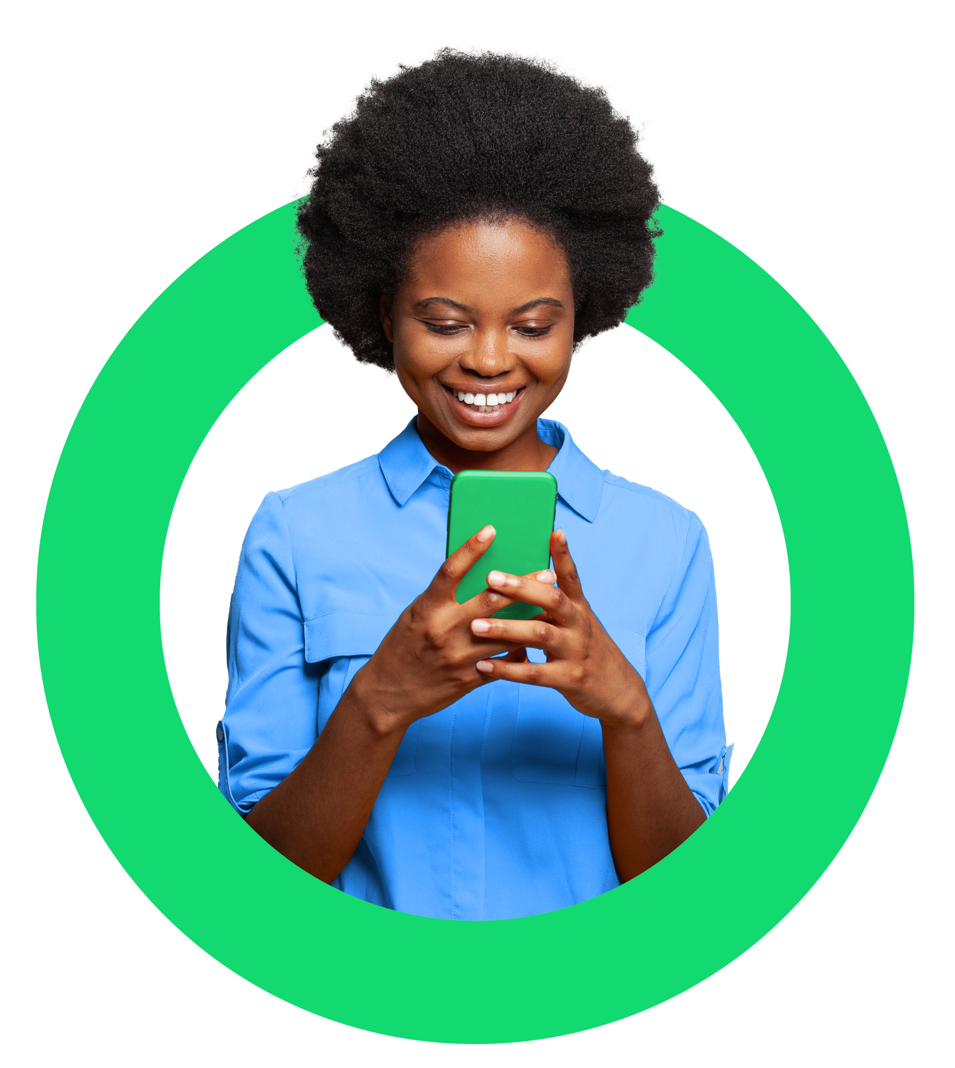 A woman in a blue shirt is using a green cell phone.