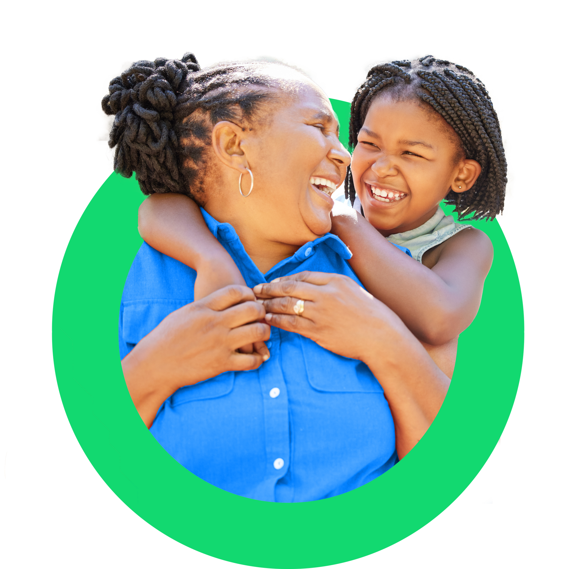 A woman in a blue shirt is holding a little girl on her shoulders.
