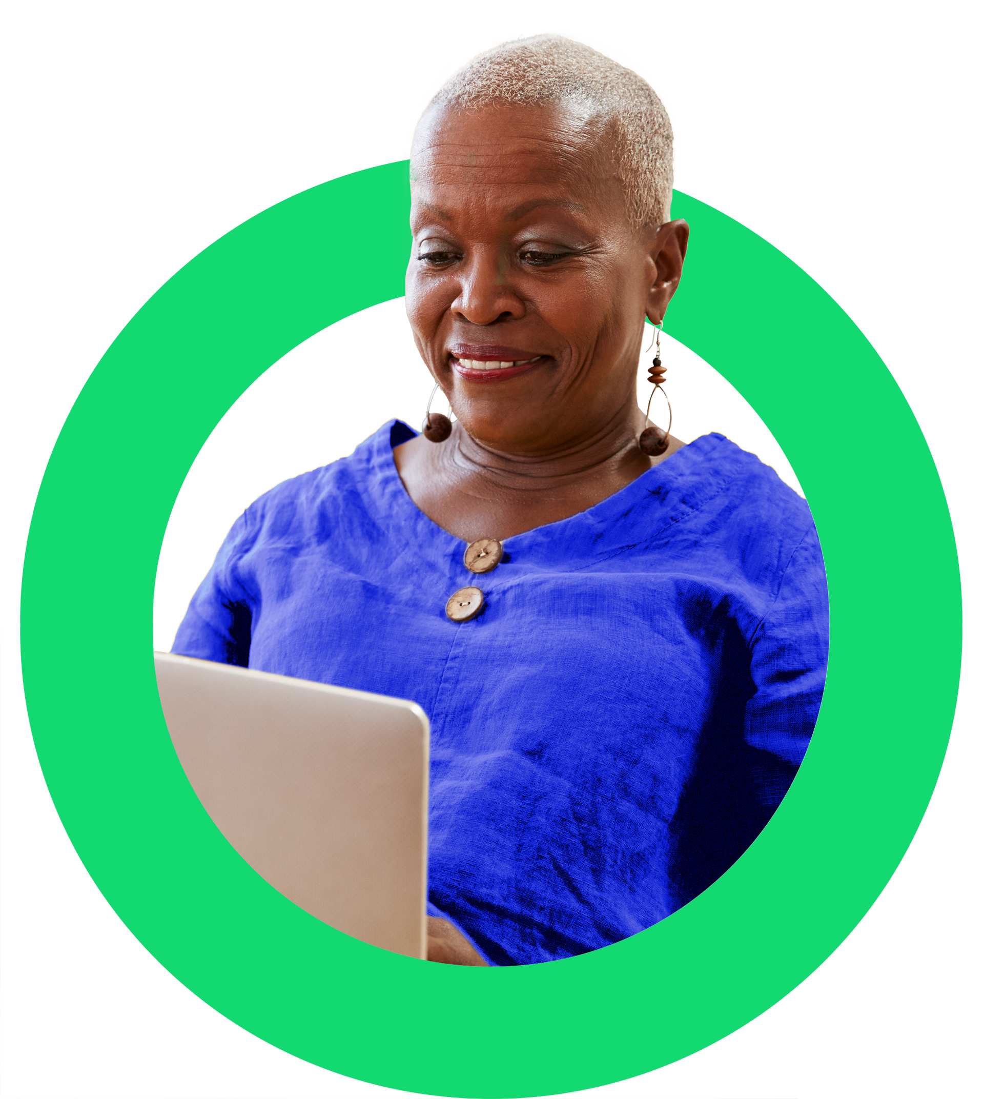 A Stokfella Customer in a blue shirt sits in front of a laptop computer with Stokvel Platform Open