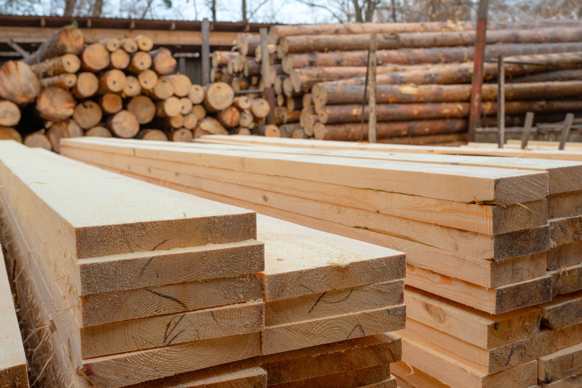 Stacks of lumber in a sawmill yard, with cut logs piled in the background.