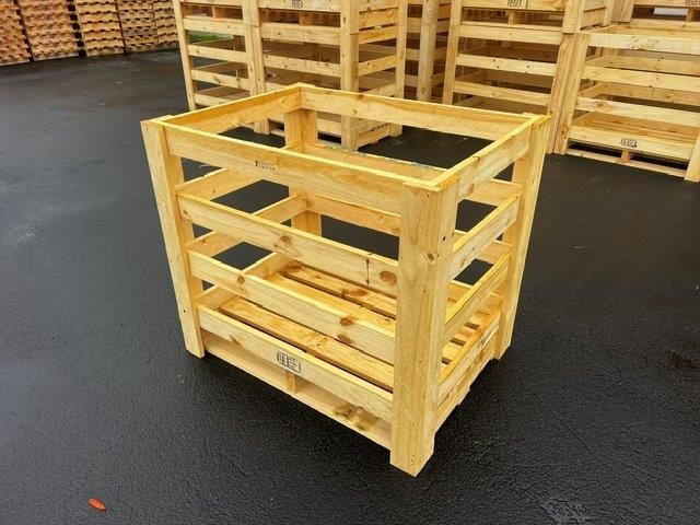 Stacks of wooden crates in a warehouse or storage area