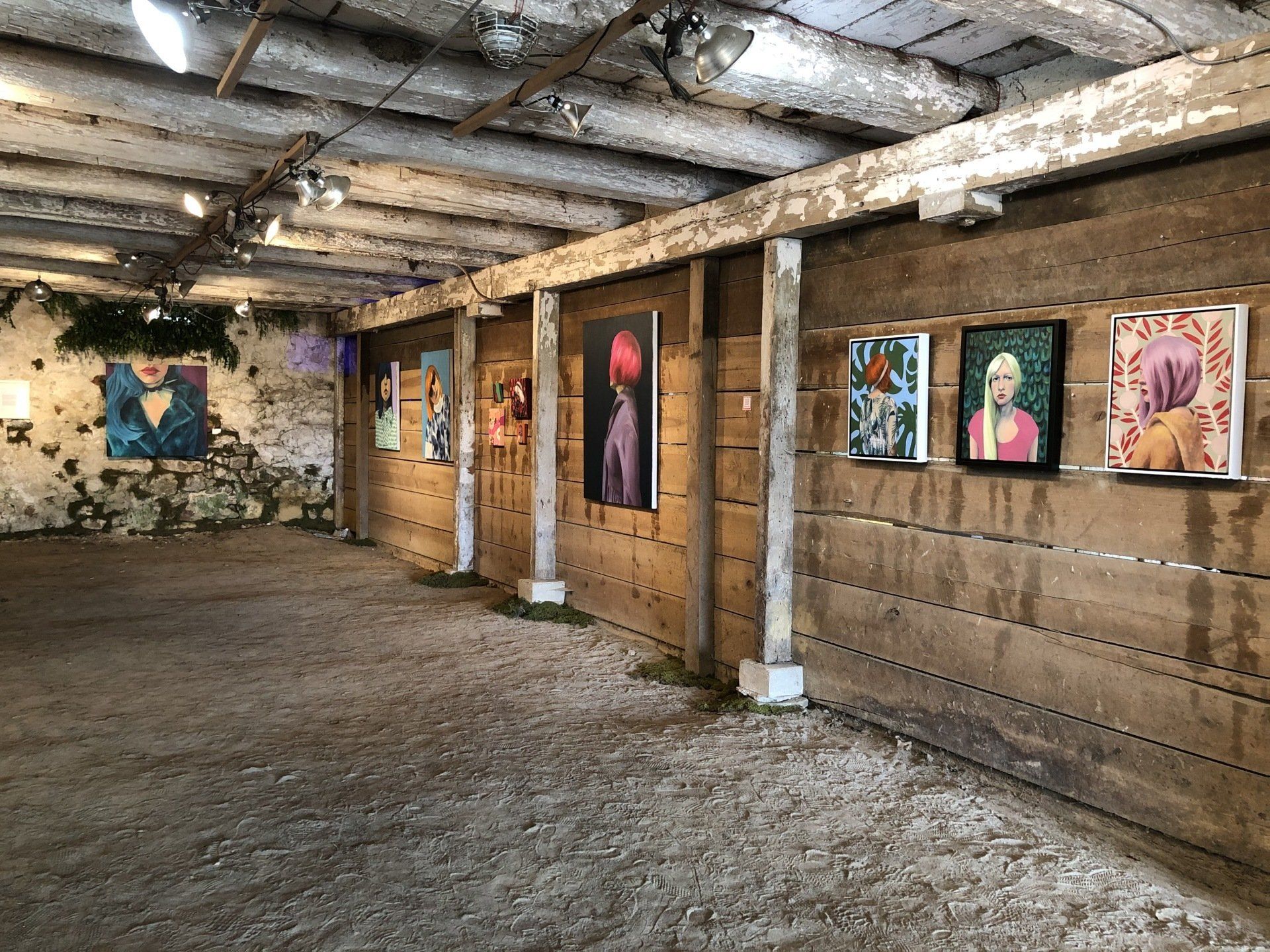 Paintings installed in an old barn in Kennett Square, PA; Scarlett Thicket 2021
