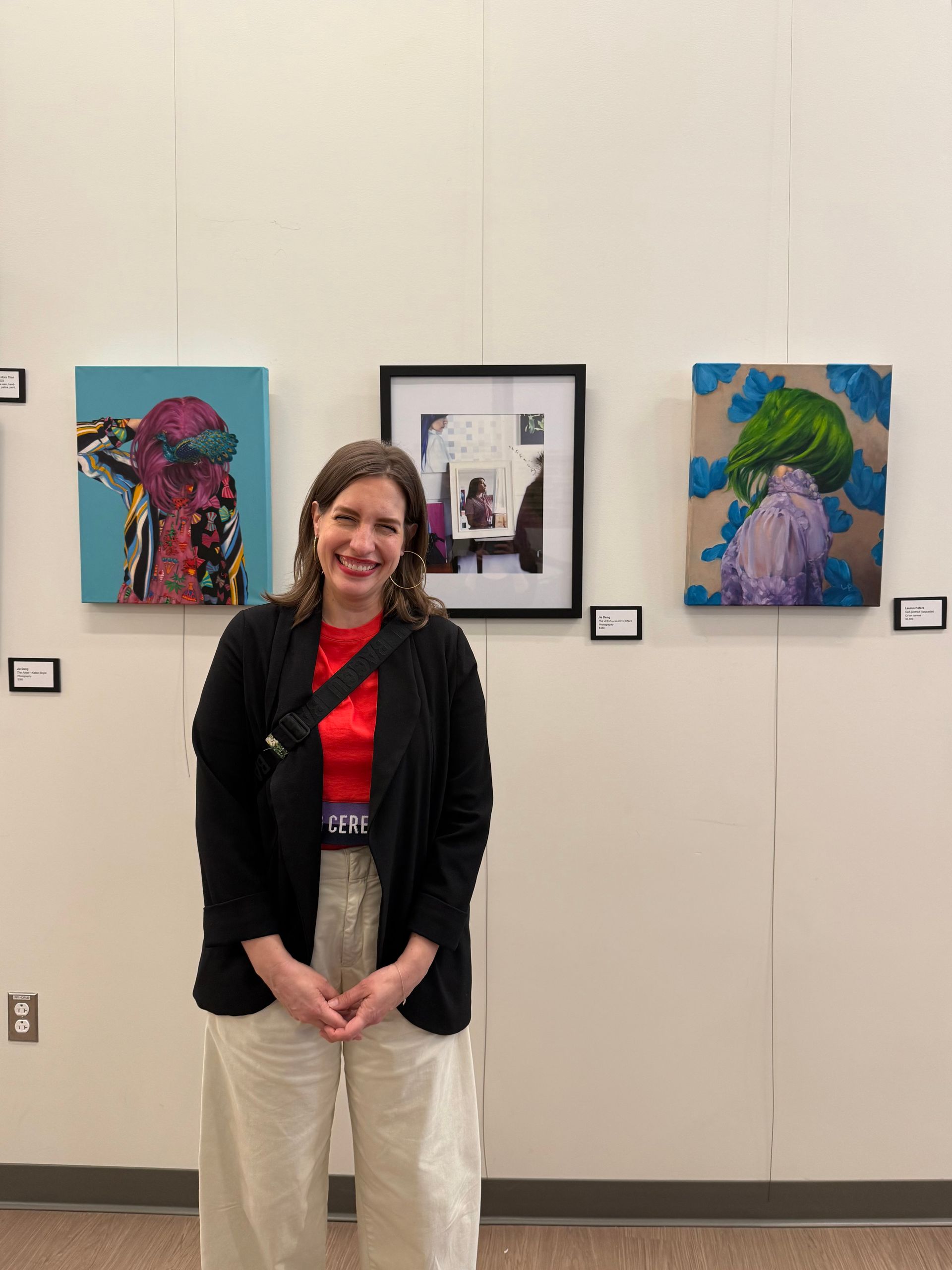 two paintings with a photograph of the artist by Jie Deng