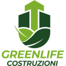 Logo “GREENLIFE COSTRUZIONI” verde e verde scuro con foglia stilizzata e icona di un edificio