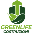 Logo “GREENLIFE COSTRUZIONI” verde e verde scuro con foglia stilizzata e icona di un edificio